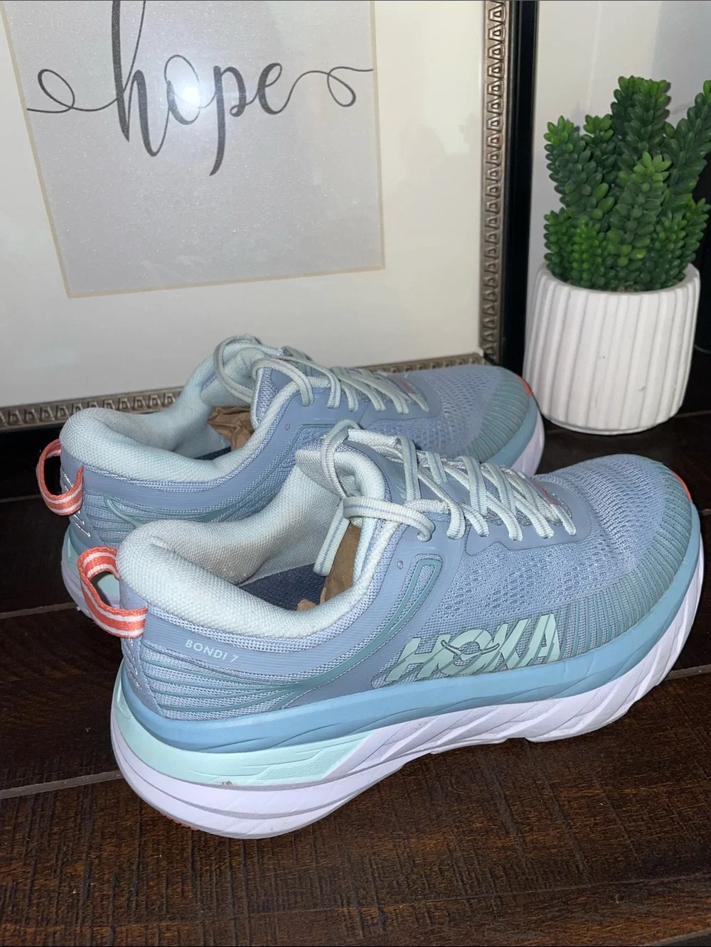 Hoka One One Bondi 7 Athletic Shoes Blue Fog/ Blue Glass Size 6.5D Wide Width